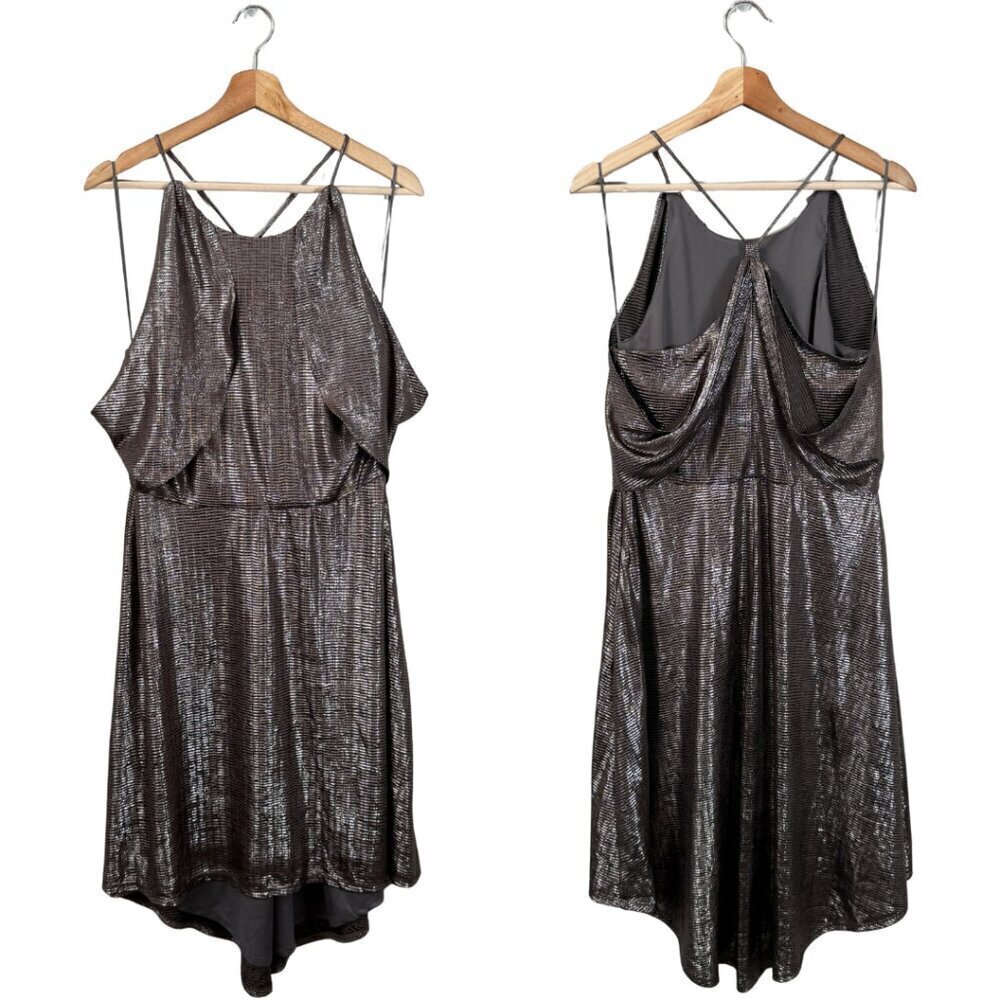 Halston Metallic Fit & Flare Midi Dress Women's 8 Gunmetal Silver Cocktail Party